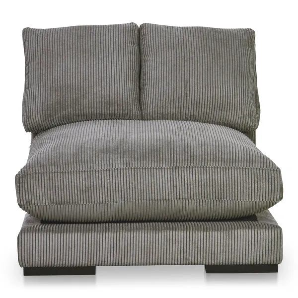Plunge sofa in gray corduroy fabric with plush cushions, clean lines, and a space-maximizing design seating three.
