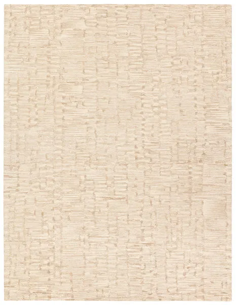 Hand tufted modern rug with abstract meandering motif in caramel, cream, and tan wool with cut and loop pile texture
