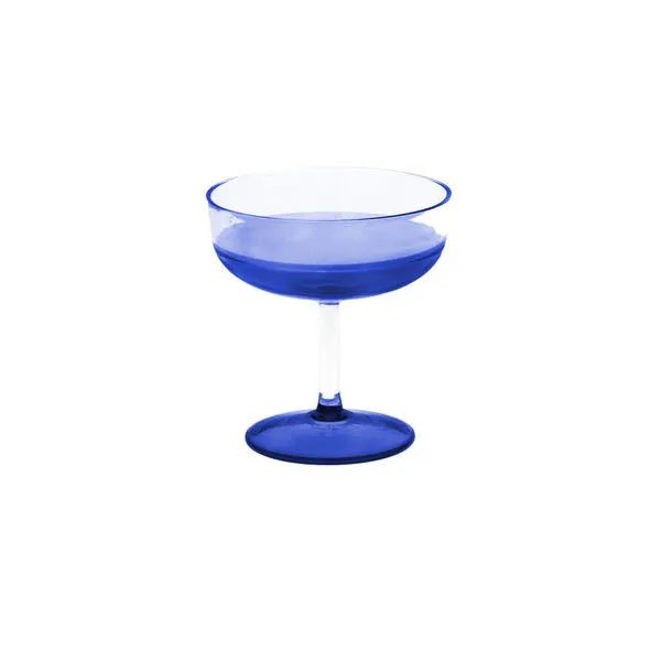 6 fl oz Tarifa Coupe glass with a wide, shallow bowl, clear borosilicate glass upper, and cobalt blue stem and base