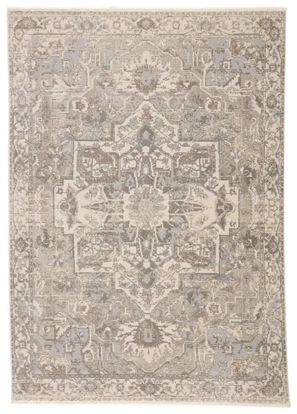 Vintage style Alain Medallion Rug in gray and cream with a distressed center medallion and intricate tonal border pattern
