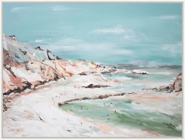vibrant coastal landscape painting with cliffs, sandy beach, and calm ocean in soft blues and earthy tones