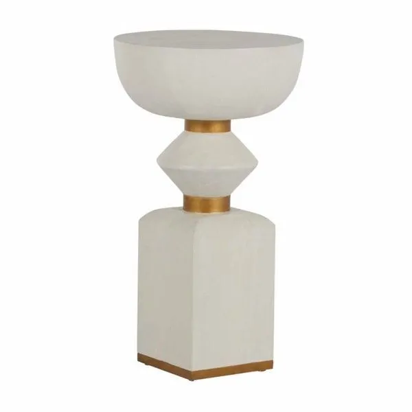 Norris Cerused White Mindy Side Table with stacked geometric Mindy wood shapes and stained gold accent bands