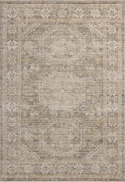 Taupe and multi-color traditional area rug with vintage-inspired faded pattern and subtle texture