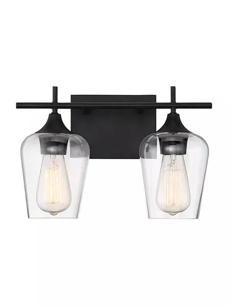 Two-light bath bar with large curved clear glass shades and English bronze finish, mounted as downlight
