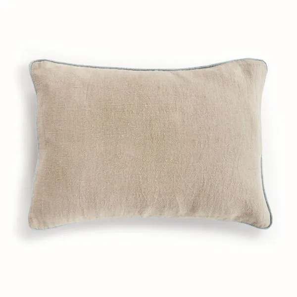 Rectangular Elias Pillow in natural beige linen with light blue piping on edges