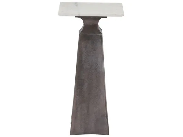Figuration Side Table with tapered dark metal base and white rectangular marble top