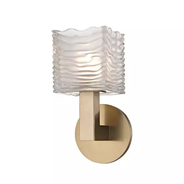 Sagamore bath light with wavy, etched glass diffuser and brushed gold finish arm and round backplate