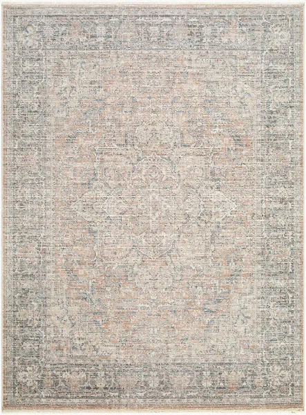 Maria Brown/Ivory Elena vintage style rug with floral medallion pattern in muted brown, ivory, and blue tones