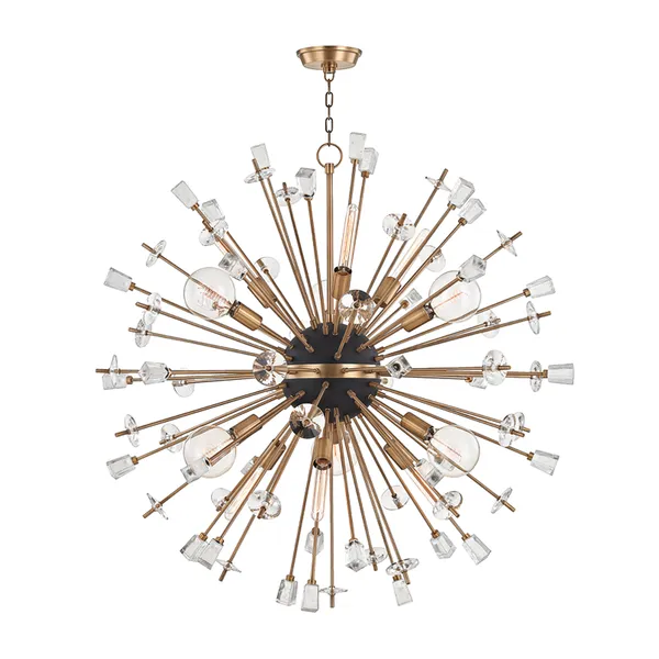 Liberty 12 Light Chandelier with matte-black metal core, brass finish, clear balloon and tubular filament bulbs arrangement