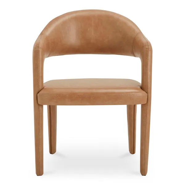 Martens dining chair with open barrel back, continuous curve from leg to frame, padded seat, tan leather upholstery