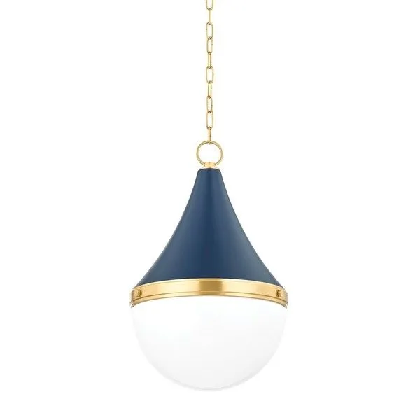Large pendant light with navy teardrop-shaped aged brass shade and white opal glass globe diffuser