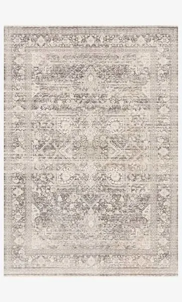 Homage Ivory Grey Rug with distressed traditional motifs in a neutral ivory and grey palette, flat laid