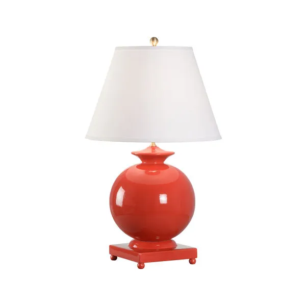 Red glazed Italian ceramic ball lamp with square base and white hard tapered shade