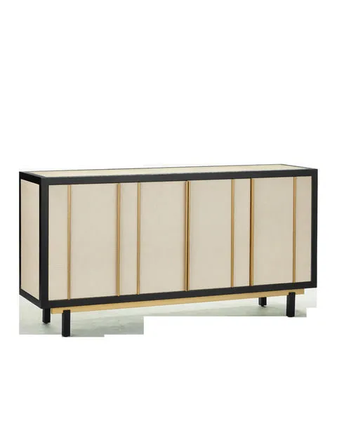 Deanna Raffia Credenza with beige woven raffia panels framed in black Okoume wood with slender gold vertical accents