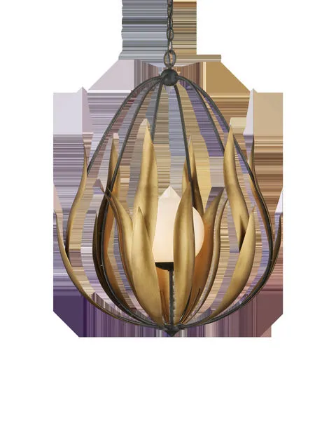 Pear-shaped chandelier with aged steel wire cage and brass finish undulant leaves encasing white glass globe light