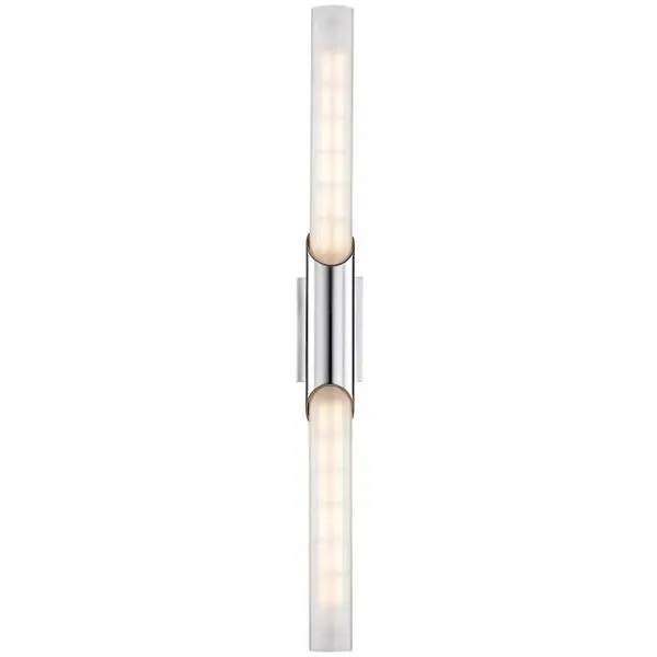 Pylon 2 Light LED wall sconce with long bevel-cut fluted and etched glass diffuser in smooth clear exterior and polished m...