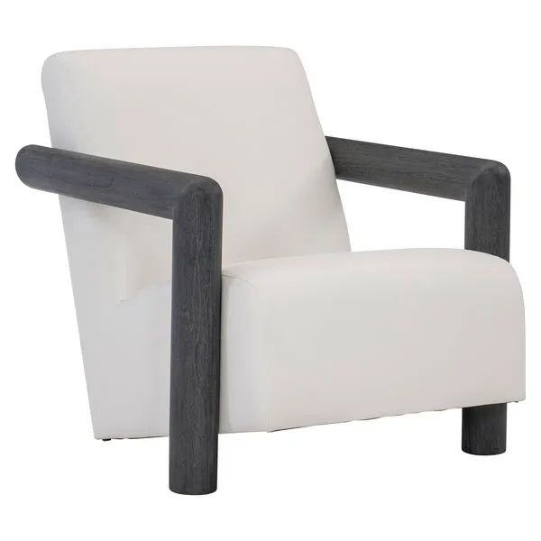 Mara Angular Grey Teak Outdoor Chair with white cushioned seat and back, angular dark grey teak wooden armrests and legs