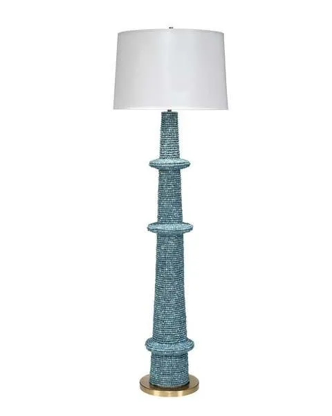 Rowan Floor Lamp with hand-strung blue mango wood bead base and white fabric shade on brass round platform