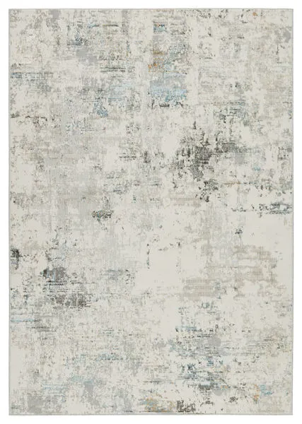 Jeah Abstract Gray/Light Blue Rug featuring an airy abstract design with dot details in ivory, gold, light gray, blue, and...
