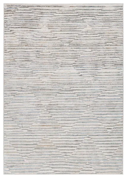 Wilmot Stripes Gray Light Blue Rug with linear diamond pattern in ivory, gray, gold, and blue hues