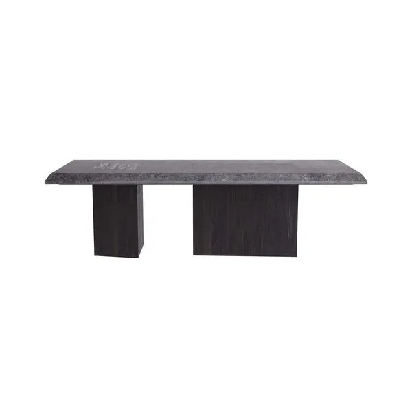 Straight-on side view displaying two trapezoidal wooden pedestal bases supporting marble top
