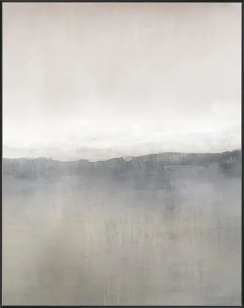 Abstract painting showing a muted mountain range blending into a soft, cloudy sky with gray and beige tones