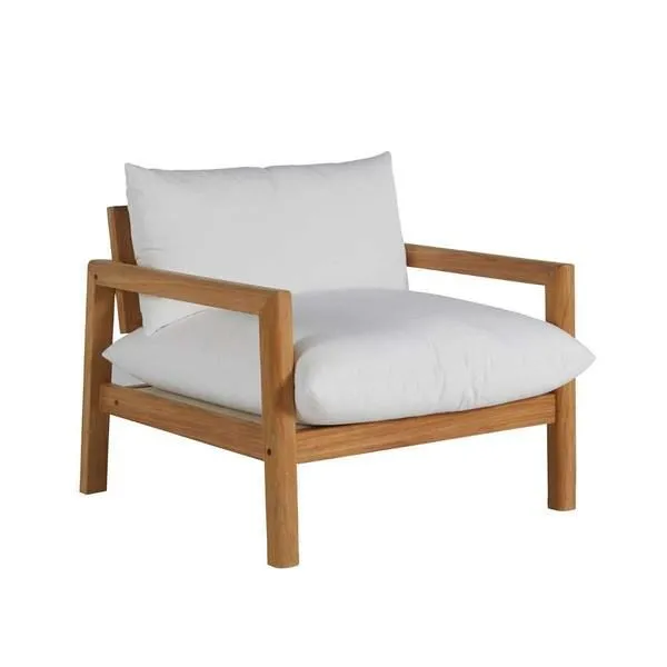 Monterey Lounge outdoor accent chair with natural wood frame and thick white cushions