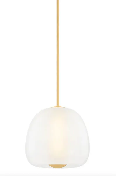Scranton Pendant shown from a three-quarter angle with glowing light through etched glass and gold rod