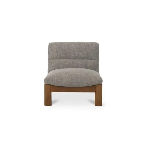 Low-profile Pierce Accent Chair with foldover back, tufted texture, gray flecked polyester upholstery, and wooden legs