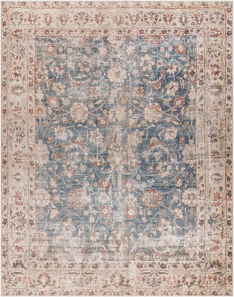 Traditional machine-woven Marlene area rug in ink blue with floral motifs and a beige border, medium pile