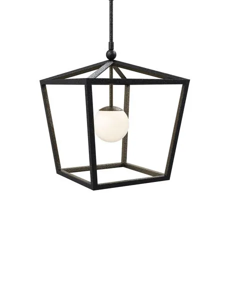 Denison Medium black outdoor lantern with wrought iron frame and frosted glass globe light inside