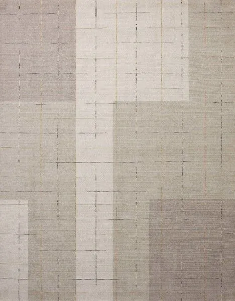 Modern geometric area rug in dove and multi tones with intersecting blocks and thin looped yarn lines