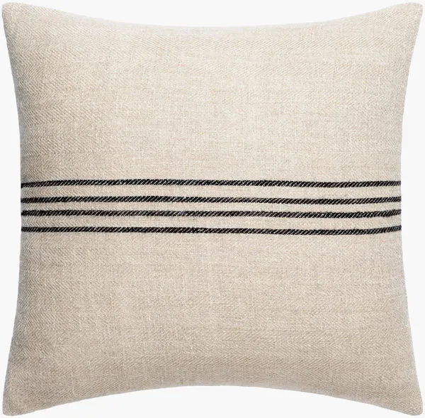 Square lumbar pillow in light brown fabric with four bold black horizontal stripes across center