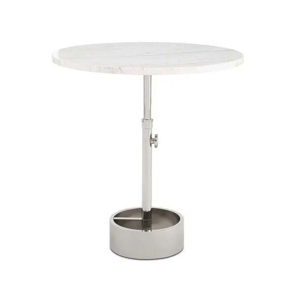 Myles Accent Table Large with round white marble top and polished metal adjustable base with knob