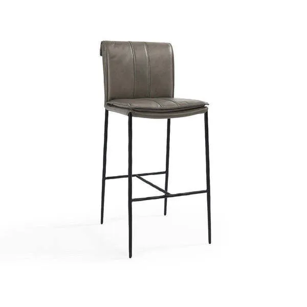 Mayer Stool with slender iron legs and taupe leather upholstery featuring rolled back and detailed stitching
