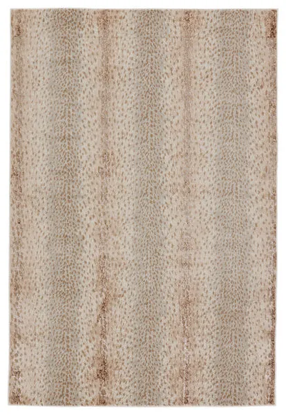 Tan and gray modern rug with spotted animal print texture and metallic sheen, rectangular shape