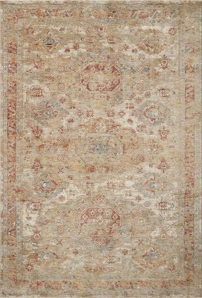 Gaia Gold Taupe traditional power-loomed rug with abstract and classic motifs in warm and cool beige, taupe, rust, and blu...
