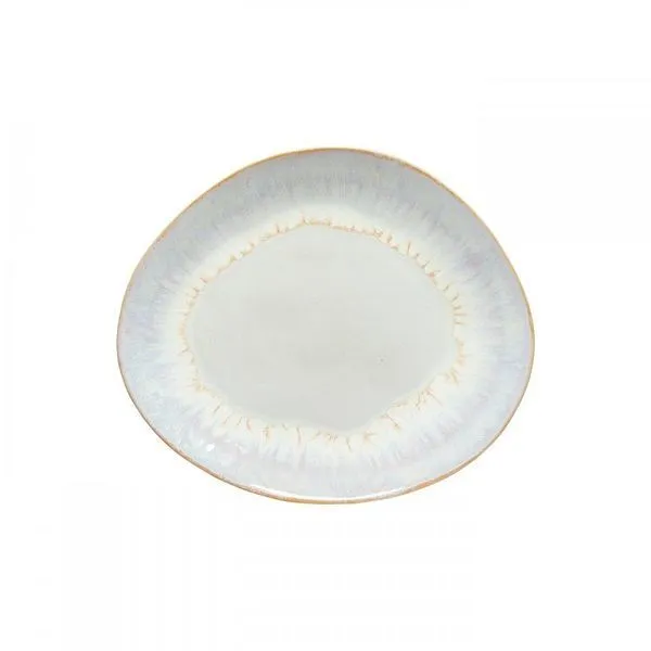 Oval ceramic stoneware dinner platter with white and blue blended glaze and organic uneven edges