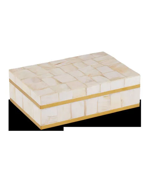 Rectangular box with a patchwork mother-of-pearl exterior and polished brass trim on top and bottom edges
