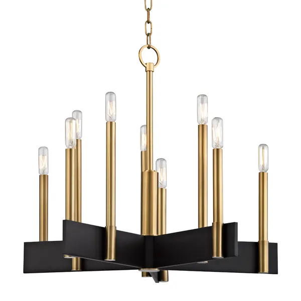 Abrams 10 Light Chandelier with black angular metal frame and ten vertical brass rods topped with clear tubular bulbs