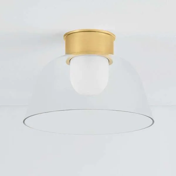 Lakeside Flush Mount lit, shown from below angle revealing smooth clean underside of clear glass bowl