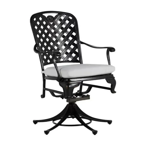 Black aluminum swivel rocker chair with lattice back and white seat cushion