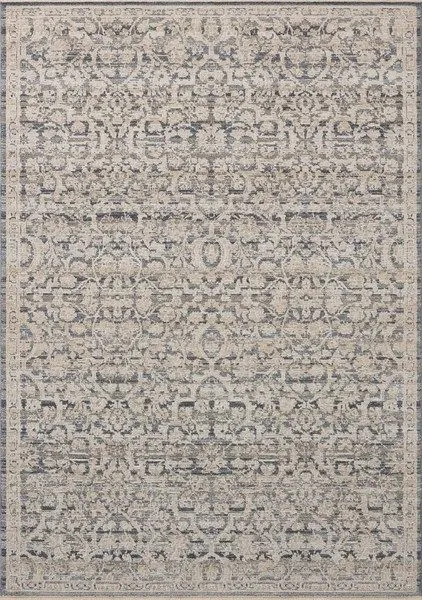 Vintage style area rug with distressed floral motifs in neutral grey and beige tones, power-loomed texture