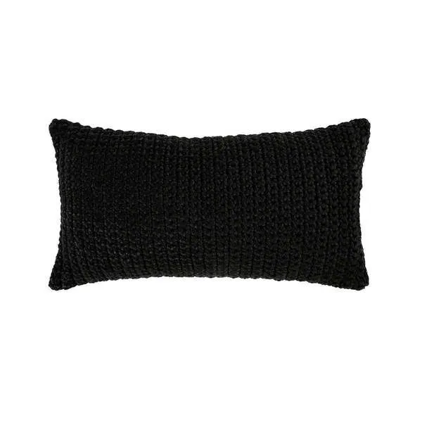 Black rectangular outdoor throw pillow with handwoven knit pattern and durable weather-resistant finish