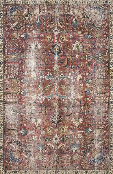Traditional-style Jules Merlot / Multi rug with intricate vintage floral and geometric patterns in red, blue, and beige.