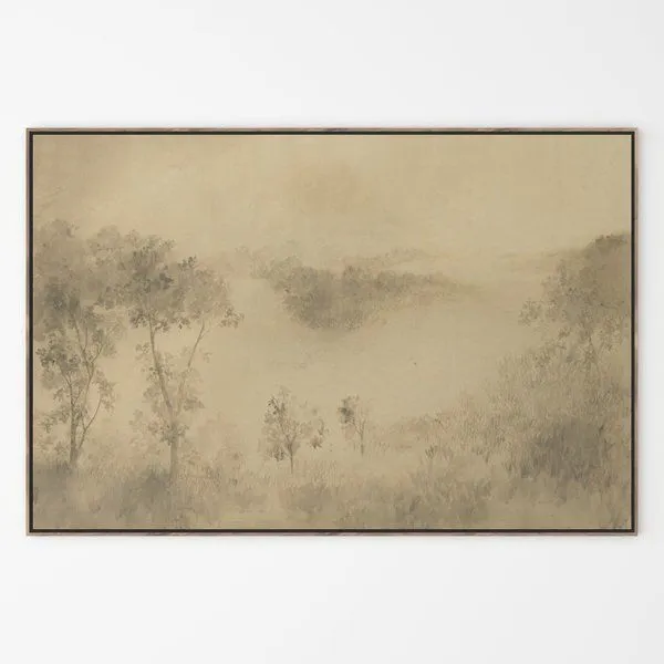 Atmospheric Texas Hill Country landscape painting in muted beige and gray tones with delicate tree silhouettes