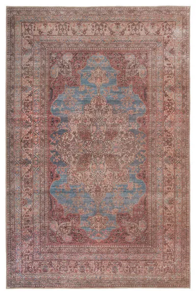 Vacherie Traditional Medallion rug in red and blue with intricate antique-style detailed pattern in 5 by 7 feet 6 inches size