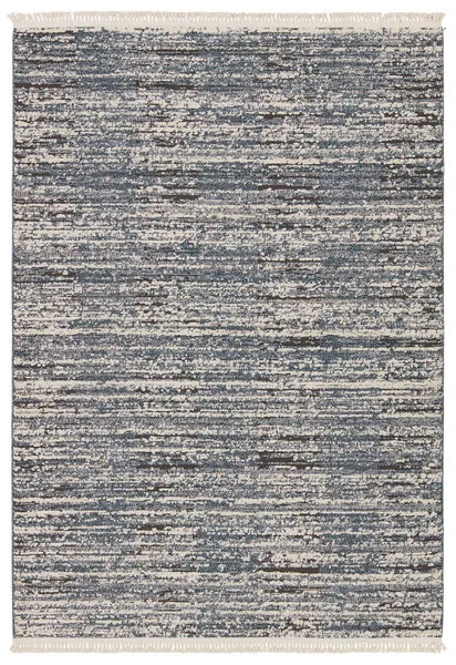 Modern 4 by 6 foot striped rug with distressed blue, gray, and cream horizontal pattern and cream fringe