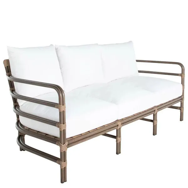 Malibu High Back sofa with oak frame and white burlap cushions, three-seat outdoor sectional