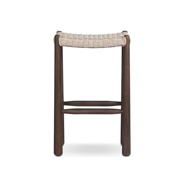 Outdoor bar stool with vintage white chunky box weave saddle seat and tapered dark wood legs